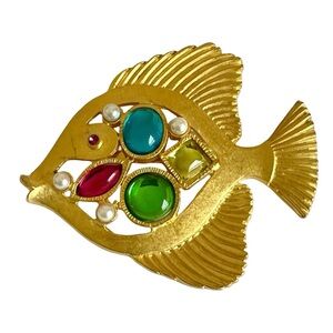 Vintage Goldtone Fish Brooch With Jelly Cabochons And Faux Pearls